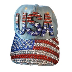 USA  Distressed Denim Cap with Rhinestones.  Womens.